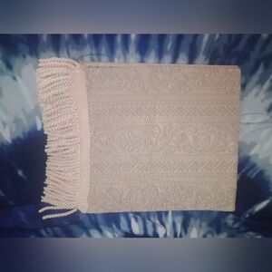 Vintage Table Runner Cream Tan Embossed Embroidery Fringe Ends 59" Long 12" Wide